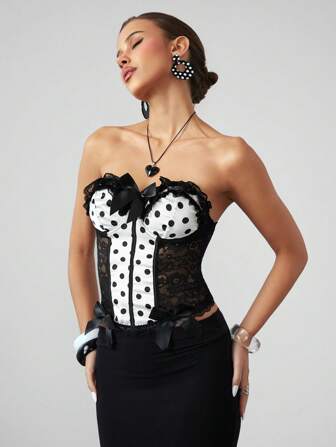 Kawaii Camicetta donna con pois e pizzo, modello toppework