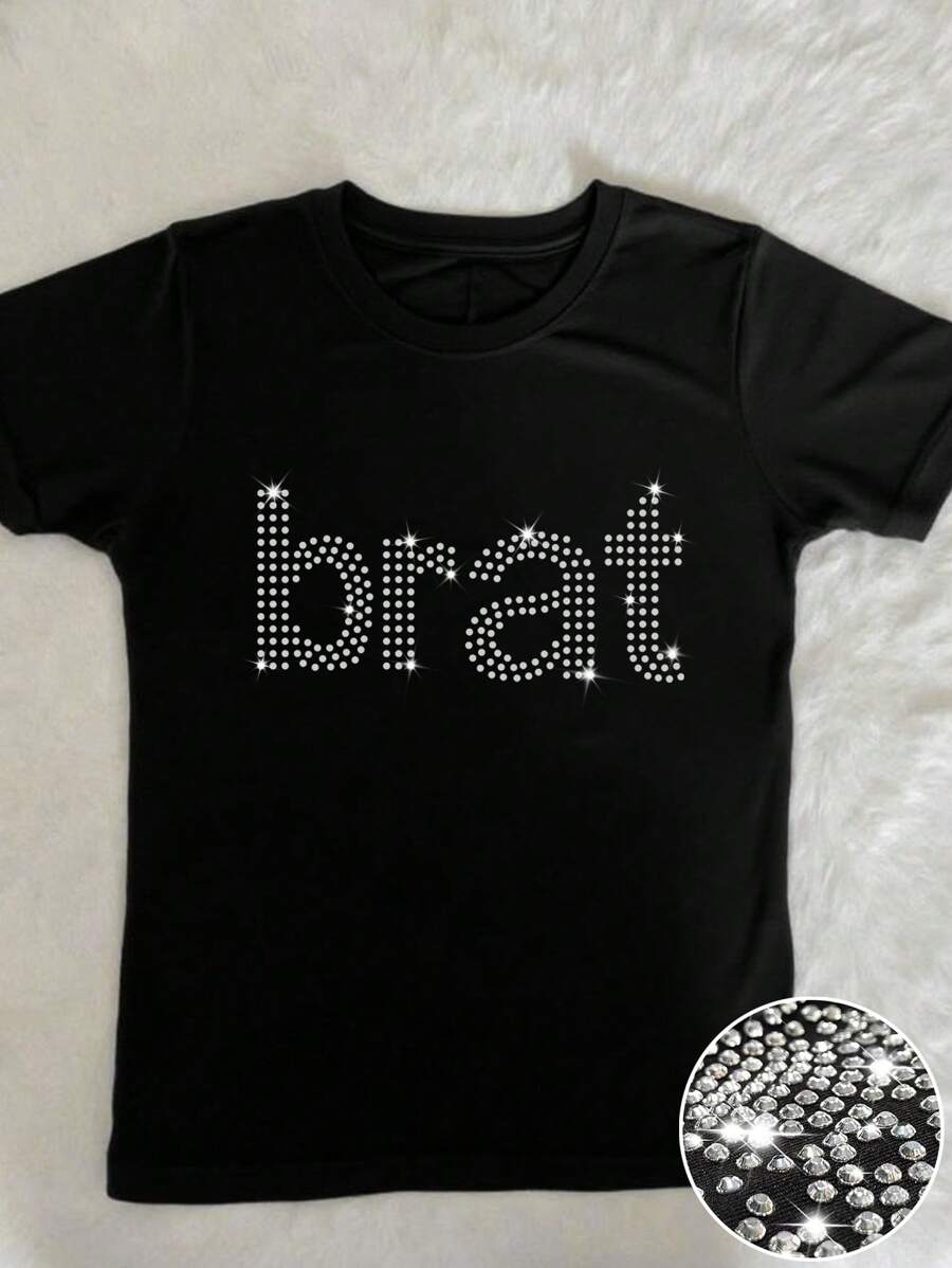 INAWLY 大码女式水钻装饰短款 T 恤，Y2K 风格短款夏季上衣，清爽派对