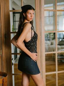 lacRébo 碎花印花露背紧身衣，细肩带设计，秋季女装，秋冬 - 黑色 - 查看 4