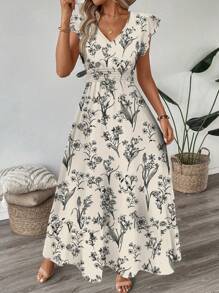 SHEIN LUNE Vestido largo acampanado con volantes florales fruncidos, mangas cortas, cintura ceñida y bajo con volantes. Estampado de leopardo vintage. Estilo informal, ideal para vacaciones de verano. Ideal para primavera/verano. Ropa bohemia. Vestidos de verano para mujer.