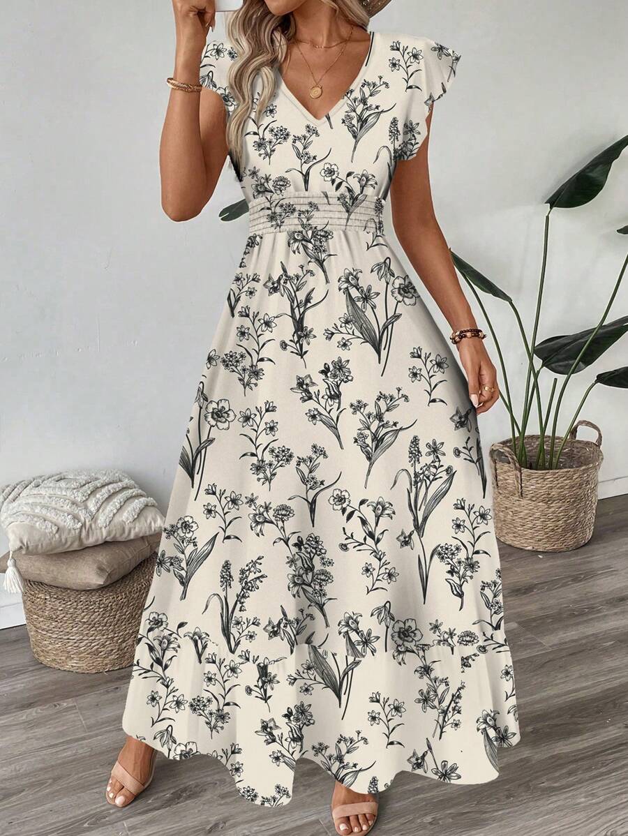 SHEIN LUNE Vestido largo acampanado con volantes florales fruncidos, mangas cortas, cintura ceñida y bajo con volantes. Estampado de leopardo vintage. Estilo informal, ideal para vacaciones de verano. Ideal para primavera/verano. Ropa bohemia. Vestidos de verano para mujer.