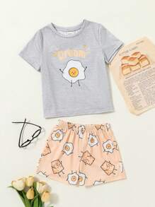 SHEIN 2 piezas Conjunto de pijama holgado de punto con camiseta de manga corta cuello redondo y pantalones cortos con estampado de dibujos lindos para niña, ropa de verano para el hogar