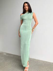 Aloruh Elegant Green Asymmetrical Neck Summer Fashion Vacation Dress - Green - View 6