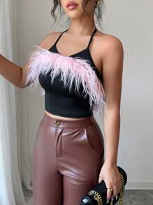 Breezaya Women's Neck Tie Fuzzy Fur Strip Fitted Camisole - Multicolor - View 5