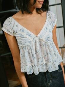 lacRébo 复古风格花卉印花纽扣前开襟衬衫，泡泡袖，后背镂空，度假装，女士可爱秋季上衣，秋冬 - 彩色 - 查看 7