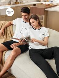 SHEIN ชุดนอนขาสั้นตกแต่งลายดอกไม้สไตล์ลำลองสำหรับผู้ชายและกางเกงขาสั้น, ชุดคู่, ของขวัญให้แฟน