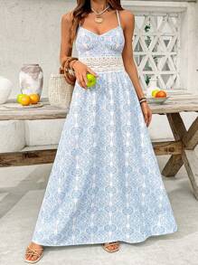 SHEIN VCAY Plus Size Vacation Casual Lace Patchwork Backless Halter Dress,Flowy Dress,Sun Dresses For Women