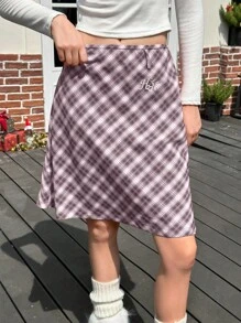 Jouncy 女士格子印花休闲百搭半身裙，夏季 - 紫色 - 查看 7