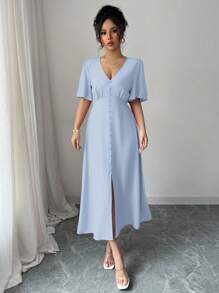 Elenzga Women's Rayon Bamboo Fiber Elegant Vacation Afternoon Tea Party V-Neck Front Button A-Line Front Slit Flared Sleeve Tied Waist Bow Short Sleeve Mid-Length Dress, Spring/Summer