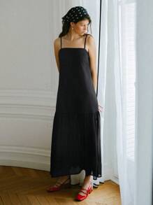 lacRébo 黑色宽松梭织长裙，配有细肩带和透明拼接度假连衣裙外出连衣裙 - 黑色 - 查看 2