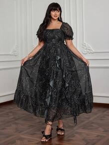 Lyrianda Plus Size Romantic Square Neck Cinched Waist Ruffle Hem Dress