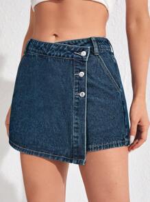 SHEIN ICON 女式夏季休闲前扣裹身牛仔短裤 - 藍色 - 查看 6