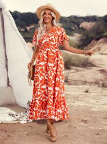 Breezaya Women's Holiday Plant Print Ruffle Sleeve Dress - Orange - View 6