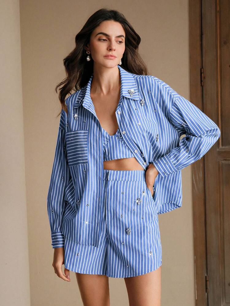 Elegant Studded Loose Brown Stripe A-Line Blue Shorts For Women