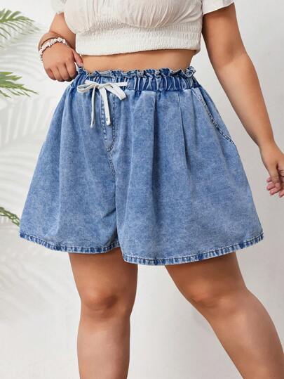 SHEIN CURVE+ Plus Size Women Summer Casual Daily Drawstring Waist Slant Pocket Loose Wide Leg Denim Shorts