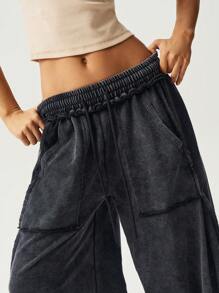 Bohemela Pantaloni ampi casual in stile boho, lavorati a maglia, con motivo a fiocco di neve e patch, colore unito, lavati, larghi e ampi per le donne