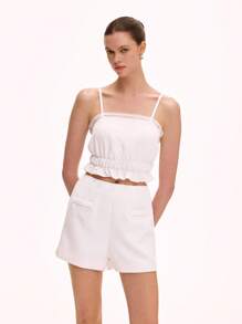 Chiquease 2pcs/Set White Lace Trim Camisole Top And Elastic Waist Shorts - White - View 5