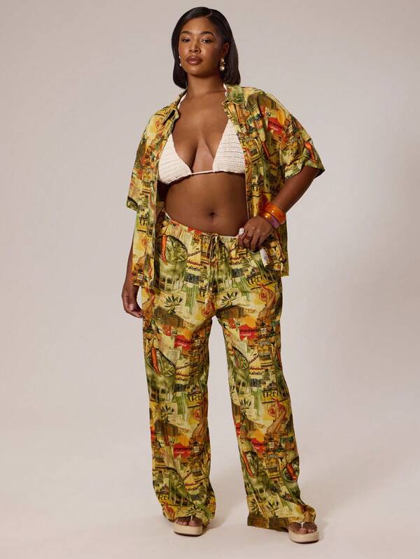 MUSERA Tie Waist Printed Linen Look Straight Leg Trousers Swim, Holiday, Vacation, Summer, Beach, Sexy, Cute