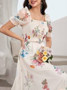 Modelyn Vestido largo con volantes en el bajo, impresión digital para mujeres
