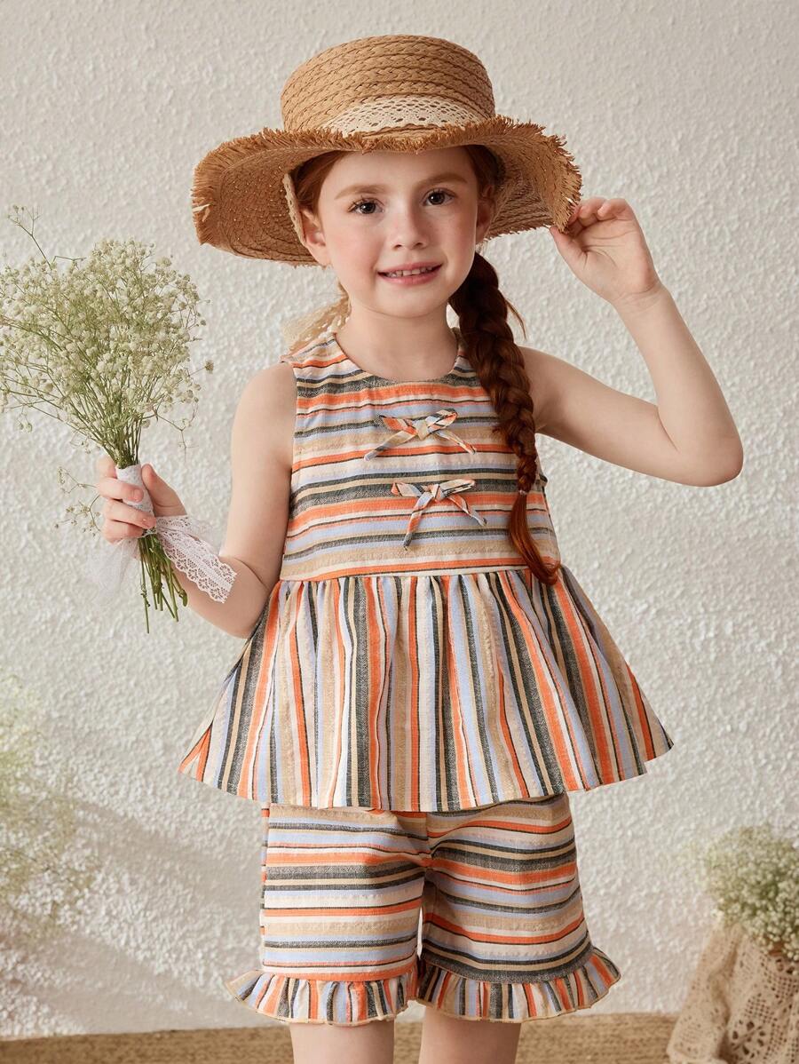 Blossori Young Girls' Countryside Holiday Colorful Stripe Sleeveless Top And Shorts Set - Multicolor - View 1