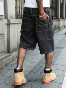 PAVTROS 男士口袋纯色宽松牛仔休闲短裤，夏季 - 深灰色 - 查看 6