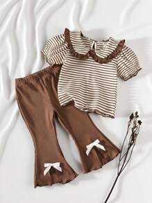 SHEIN Vintaside Kids 女婴 2 件套时尚罗纹套装，可爱荷叶边领罗纹长袖衬衫，休闲舒适蝴蝶结喇叭裤