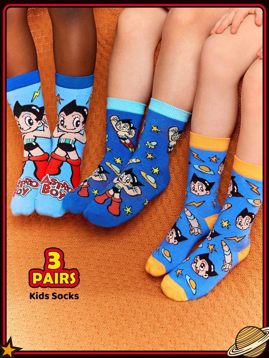 Astro Boy X SHEIN 3 Paar Baumwoll Kinder Socken mit süßen Cartoon Motiven, feuchtigkeitsableitend, atmungsaktiv und weich, Mittelhöhe, verstärkte Zehen und Fersen für Haltbarkeit, geeignet für alle Jahreszeiten, Schule und Alltag, blau