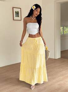 SHEIN EZwear Falda a cuadros amarilla, adecuada para usar en vacaciones, verano - Mostaza Amarilla - Ver 4