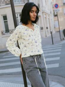 lacRébo Long Sleeve Vintage Floral Embroidered Vacation Blouse With Tie Neck Detail Teacher Top Chic Top Going Out Top Spring Summer - Multicolor - View 4