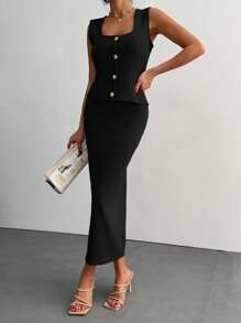 EURMUSE SET VESTĂ ȘI FUSTĂ CU GEL PĂTRAT ȘI NASTURI AURII