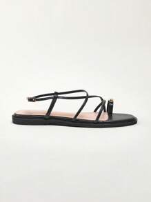 Solezae Top-Verkaufsartikel Damen Sandalen mit quadratischer Zehenpartie, Riemendetails und Metalldekor, PU-Material, schwarz, flach - Komfort, minimalistisch und schick - Schwarz - Übersicht 2