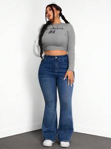 SHEIN ICON Plus Size Women Casual Flare Jeans With Pockets, Versatile,Fall Clothes For Women