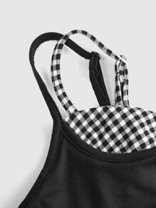 SHEIN MOD Black & Plaid False Two-Tone Layered Cami Top With Front Button Detail - Perfect For Dates, Parties, And Outings | Retro, Old Money, And Preppy Style | Cute School, Y2K Millennium Fashion, Vacation Woman, Boho Women's, Country Concert, Rave Festival, Brunch For Women, Beach Vacation, European Summer.Cute Summer Tops - Black - View 4