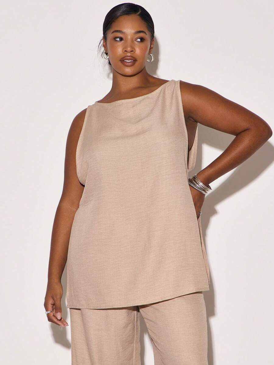 MUSERA Plus Size Slash Neck Linen Look Sleeveless Longline Top Casual, Spring, Cute, Cool Girl, Casual, Summer