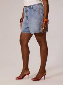 MUSERA Plus Size Longline Washed Denim Shorts Streetstyle , Holiday, Vacation, Summer, Beach, Sexy, Cute Back To School Streetwear