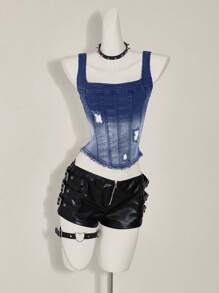 SHEIN ICON Women Gradient Denim Top, Fashionable For Summer - Blue - View 6