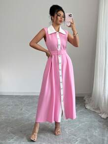 Chiquease 优雅简约腰带交叉领无袖前扣年轻女士粉色休闲连衣裙 - 粉色 - 查看 6