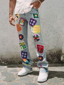 ROMWE MEN Street Life Men's Embroidered Layered Flare Leg Jeans - Baby Blue - View 4