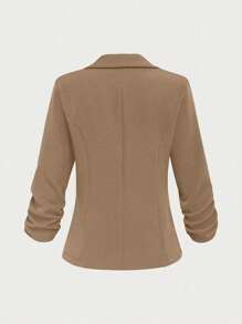 EMERY ROSE 女式纽扣式七分袖休闲西装外套，适合居家、户外穿着 - 卡其色 - 查看 2