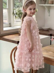 SHEIN Cute Girls Long Polyester Floral Dress With Round Neck And Short Sleeves Pink Flower Girl Dress For Special Occasions - Multicolor - View 4