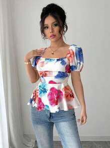 Elenzga Women Elegant Floral Print Square Neck Pleated Bust Ruched A-Line Top - Multicolor - View 6