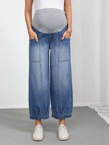 SHEIN Maternity Stretch Patchwork Casual Summer Jeans With Pockets, Fashionable Tapered Denim Jeans Summer Festival Barrel Jeans - Medium Wash - View 6