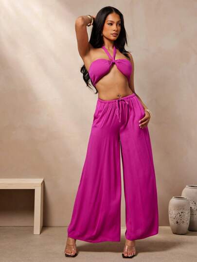 Vixey Solid Woven Elastic Waistband Wide Leg Pants, Beach Outfits For Woman, Beach Vacation Outfits, Beach Essentials,  Women Summer Clothing, Palazzo Pants