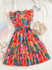 Vestido de vacaciones con estampado tropical de plantas y manga corta para niña preadolescente, ropa de verano, vestido tropical para niñas, vestidos de verano para vacaciones, vestidos de verano para mujeres, vestido de verano para niñas - Multicolor - Ver 8