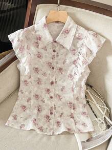 Seusyu Women's Spring/Summer Digital Floral Print Ruffle Sleeve Blouse, Fashionable Age-Reducing