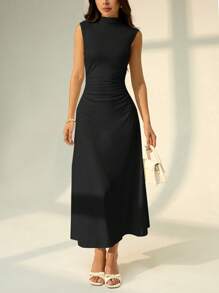 SHEIN PETITE 情人节新款白色立领无袖褶皱 A 字长裙，优雅浪漫约会和工作装，女士夏季连衣裙 - 黑色 - 查看 8