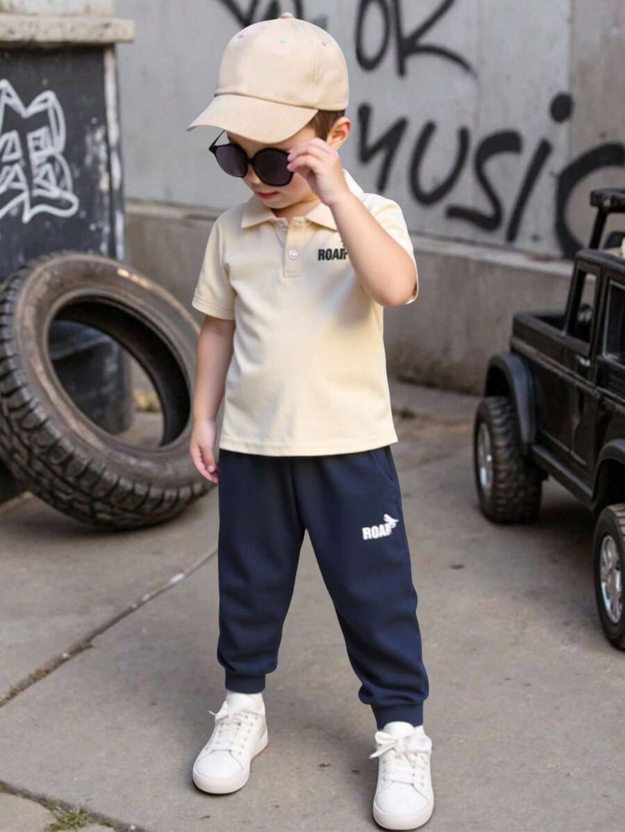 SHEIN 2pcs/Set Boys Summer Letter Print Short Sleeve Polo Shirt And Pants Set - Apricot - View 1