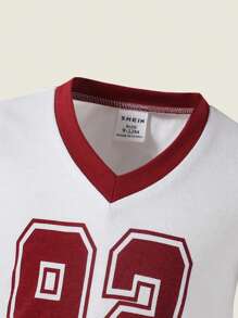 SHEIN 2pcs Infant & Toddler Girl Sports Casual Burgundy Digit Print Contrast White V-Neck Tee And Floral Grey Print Pants Set, Suitable For Daily Wear, Game Watching, Streetwear Toddler Summer Clothes - Multicolor - View 5