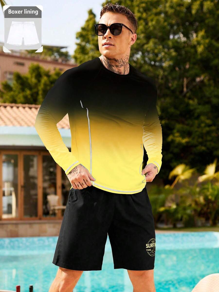 Manfinity Swimmode 2pcs Men Ombre Long Sleeve Rash Guard & Shorts Swimwear Set, Hawaiian - Multicolor - View 1