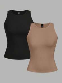 SHEIN EZwear 2pcs Women Plus Size Casual Solid Color Round Neck Tank Tops, Suitable For Summer Holiday , Basic Tops Back To School - Multicolor - View 1